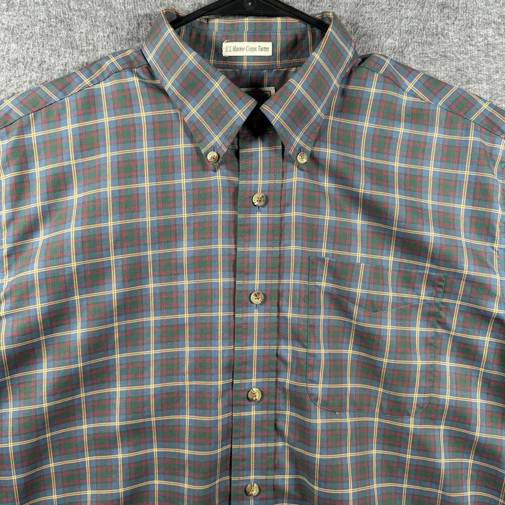 L.L.Bean Shirt Mens LT Green US Marine Corps Tartan Long Sleeve Button Down